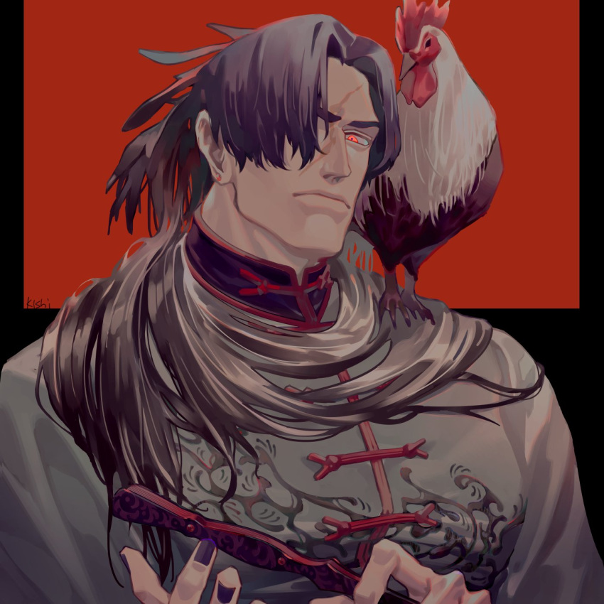 1boy bangs bird chicken chinese_clothes closed_mouth commentary_request highres holding long_hair male_focus mature_male muscular muscular_male original red_eyes reisei_zero rooster scar scar_on_face scarf solo