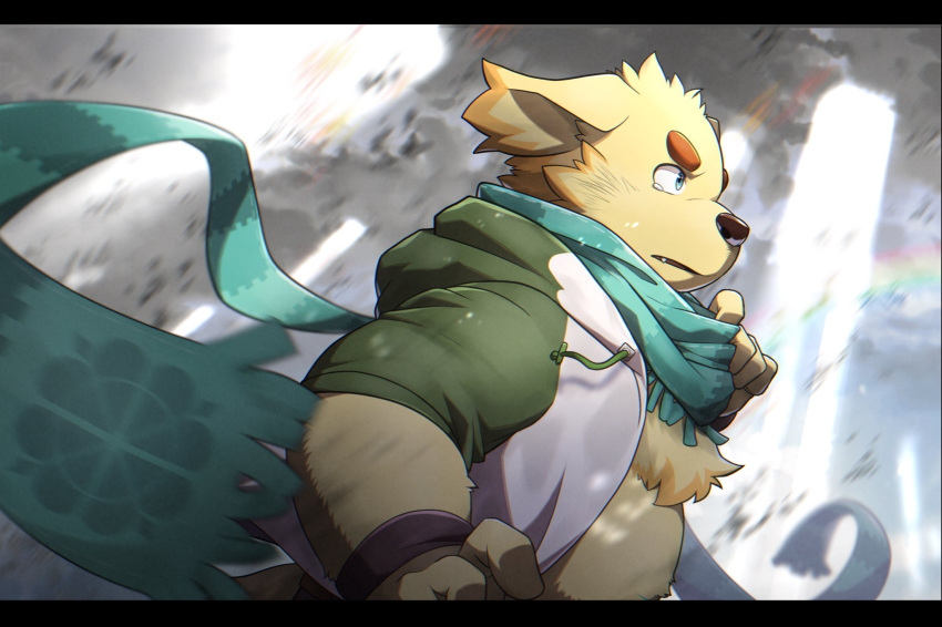 1boy animal_ears animal_nose belly blue_eyes blurry blurry_foreground body_fur cu_sith_(housamo) dog_boy dog_ears fang furry furry_male green_jacket green_scarf grey_background highres hood hooded_jacket jacket male_focus multicolored_clothes multicolored_jacket plump ponzu_tas scarf serious short_hair snout solo tearing_up thick_eyebrows tokyo_afterschool_summoners two-tone_jacket white_jacket yellow_fur