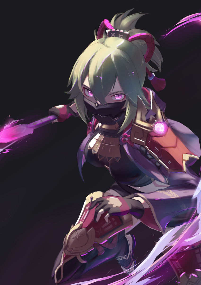 1girl absurdres black_background black_gloves breasts genshin_impact gloves green_hair hair_ornament highres jacket kuki_shinobu long_sleeves mask midriff mouth_mask ninja ninja_mask open_clothes open_jacket podel_1 ponytail purple_jacket short_shorts shorts simple_background solo