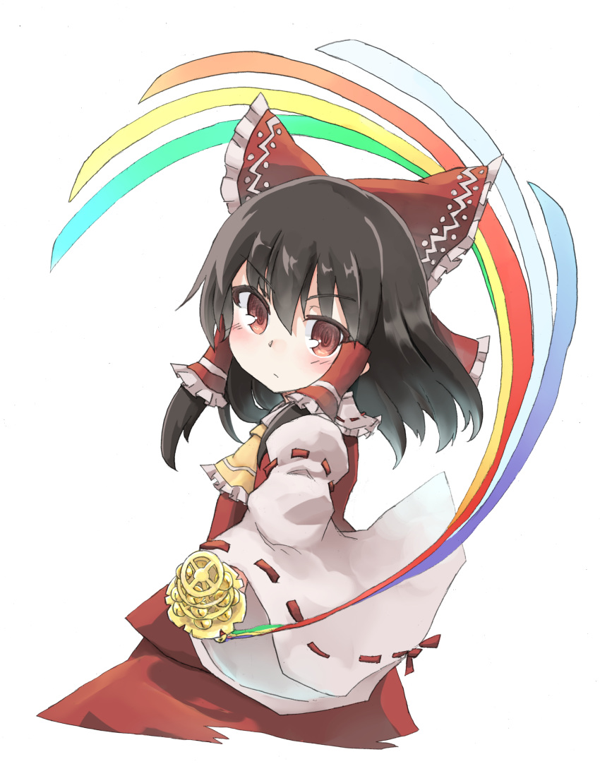 1girl absurdres ascot black_hair bow commentary_request detached_sleeves frilled_ascot frilled_bow frills hair_bow hair_tubes hakurei_reimu highres kibisake long_sleeves red_bow red_eyes red_skirt red_vest ribbon ribbon-trimmed_sleeves ribbon_trim simple_background skirt touhou upper_body vest white_background wide_sleeves yellow_ascot