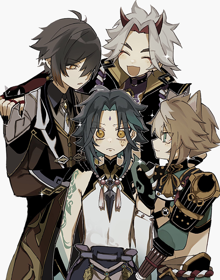0oy 4boys animal_ears arataki_itto arm_tattoo armor bangs black_gloves black_hair brown_hair closed_mouth coat commentary_request dog_boy dog_ears facial_mark forehead_mark genshin_impact gloves gorou_(genshin_impact) gradient_hair green_hair grey_hair hair_between_eyes hand_on_another's_shoulder harem highres horns japanese_armor japanese_clothes long_hair male_focus multicolored_hair multiple_boys open_mouth orange_eyes redhead simple_background sparkle sweat tattoo upper_body xiao_(genshin_impact) yellow_eyes zhongli_(genshin_impact)