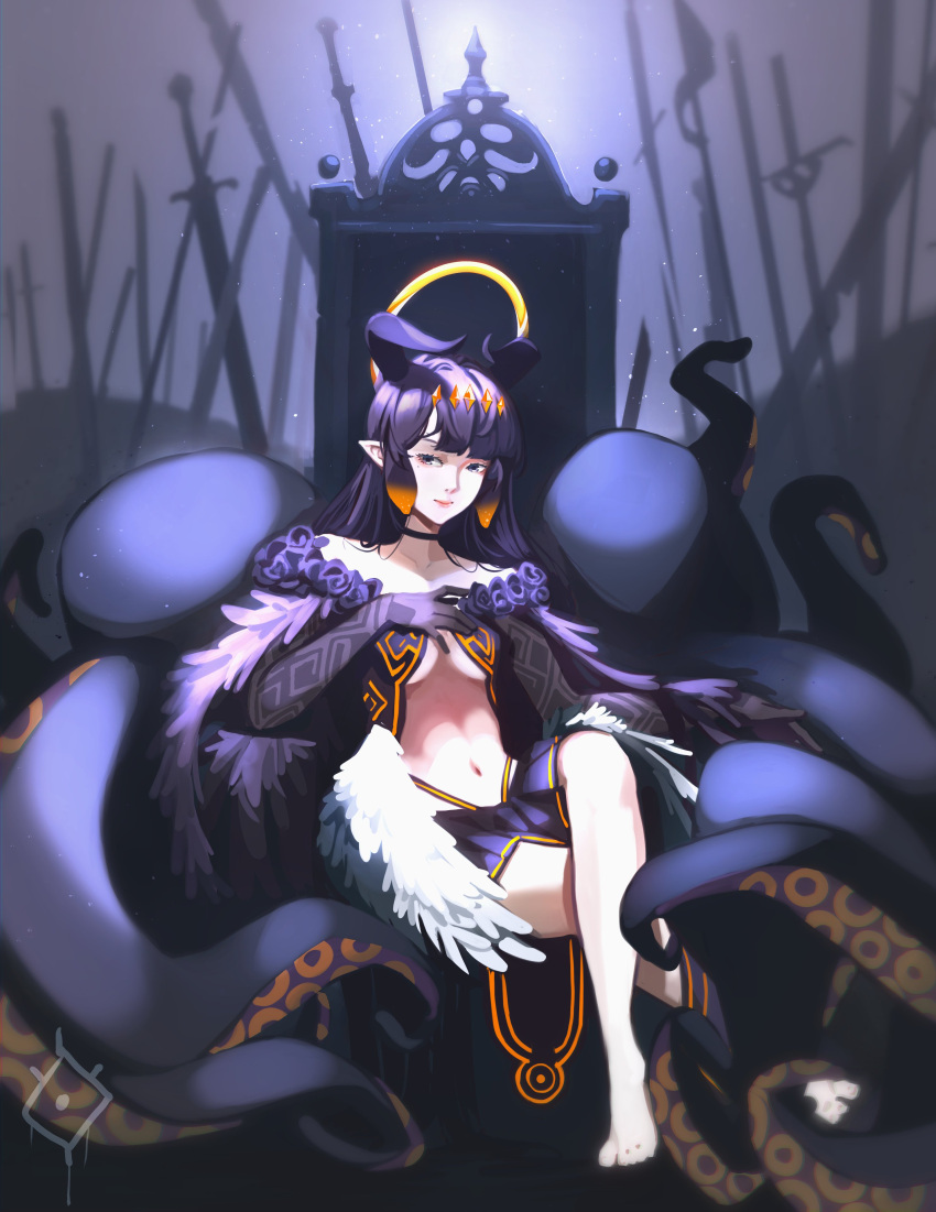 1girl absurdres barefoot black_choker choker closed_mouth crossed_legs elbow_gloves field_of_blades gloves highres hololive hololive_english horns looking_at_viewer megabyte.exe miniskirt ninomae_ina'nis planted planted_sword pleated_skirt pointy_ears purple_hair purple_skirt sitting skirt solo sword throne violet_eyes weapon