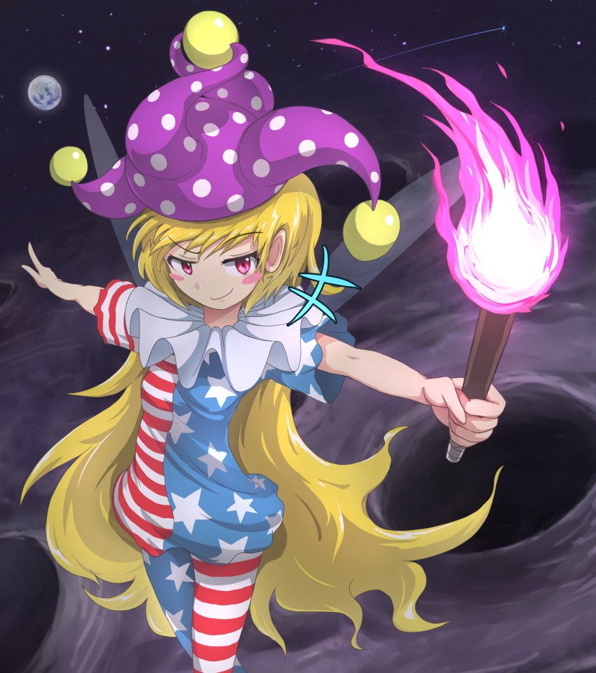 1girl absurdres american_flag_dress american_flag_legwear bangs blonde_hair blush_stickers clownpiece dress earth_(planet) fairy_wings fire from_above gurina_15 hat highres holding holding_torch jester_cap long_hair looking_at_viewer moon neck_ruff pantyhose pink_eyes planet polka_dot shooting_star short_dress short_sleeves solo star_(symbol) striped striped_legwear swept_bangs torch touhou very_long_hair wings