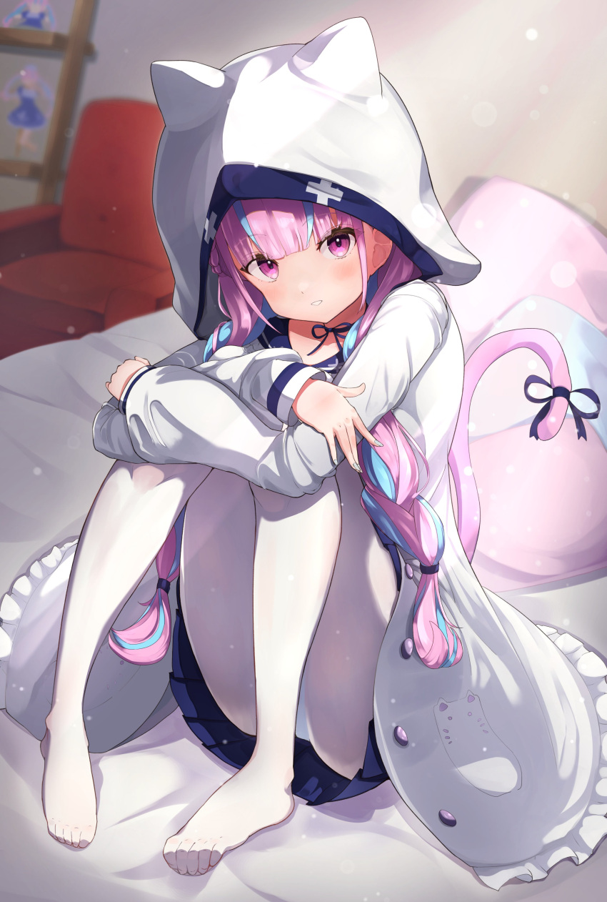 1girl absurdres animal_hood bangs blue_hair blunt_bangs blush cat_tail highres hololive hood hooded_jacket hugging_own_legs indoors jacket knees_up long_sleeves looking_at_viewer minato_aqua multicolored_hair nail_polish no_shoes on_bed open_clothes open_jacket pantyhose parted_lips pink_eyes pink_hair ribbon sitting sitting_on_bed solo tail tail_ornament tail_ribbon twintails two-tone_hair ushi_miruki virtual_youtuber white_jacket white_legwear