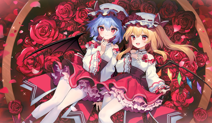 2girls ainy alternate_costume bat_wings blonde_hair blue_hair closed_mouth commentary_request crystal flandre_scarlet flower hair_between_eyes hat long_sleeves looking_at_viewer lying mob_cap multiple_girls on_back open_mouth pantyhose petals red_eyes red_flower red_rose red_skirt remilia_scarlet rose short_hair siblings side_ponytail sisters skirt smile touhou white_headwear white_legwear wings