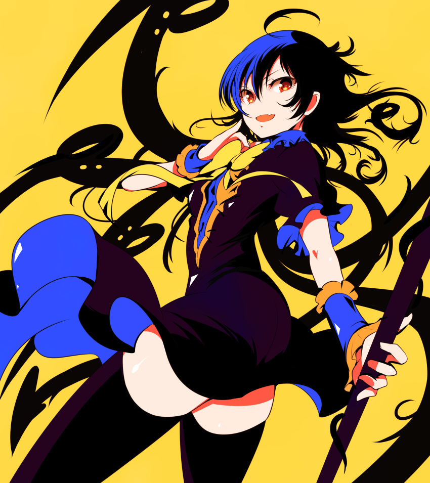 1girl absurdres ahoge arm_up arrow_(symbol) ass asymmetrical_wings bangs black_dress black_hair black_legwear blue_hair bow bowtie commentary_request dress eyebrows_visible_through_hair fang fingernails frills hair_between_eyes hands_up highres houjuu_nue ichizen_(o_tori) long_fingernails medium_hair multicolored_hair one-hour_drawing_challenge open_mouth puffy_short_sleeves puffy_sleeves red_eyes short_sleeves simple_background smile solo standing thigh-highs tongue touhou two-tone_hair weapon wings wrist_cuffs yellow_background yellow_bow yellow_bowtie
