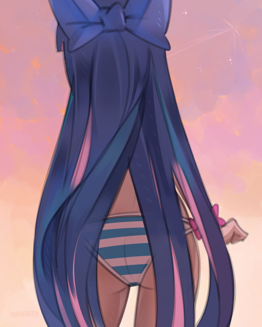 1girl ass bikini blue_bow blue_hair bow clenched_hand clouds colored_inner_hair from_behind hair_bow highres long_hair multicolored_hair onionsketch panty_&amp;_stocking_with_garterbelt pink_hair shooting_star sky solo star_(sky) stocking_(psg) striped striped_bikini swimsuit very_long_hair wrist_cuffs