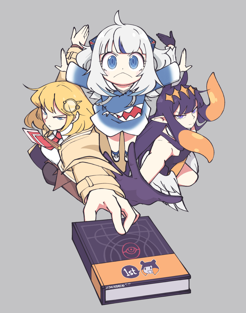 3girls :&lt; absurdres ao-chan_(ninomae_ina'nis) bangs blonde_hair blue_eyes blue_hair blunt_bangs brown_jacket commentary endou_tatsuya_(style) english_commentary gawr_gura gloves hair_ornament highres hololive hololive_english jacket long_hair looking_at_viewer low_twintails low_wings monocle_hair_ornament multicolored_hair multiple_girls necktie ninomae_ina'nis orange_hair parody pointy_ears purple_gloves purple_hair red_necktie spy_x_family streaked_hair tentacle_hair tentacles twintails two_side_up virtual_youtuber watson_amelia white_hair white_wings wings