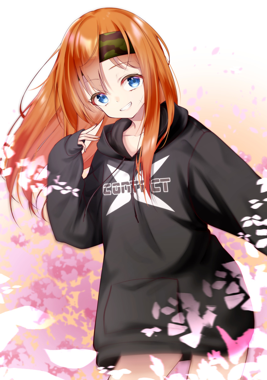 1girl absurdres bandana black_shirt blue_eyes brown_hair flower highres irodori_mayoi long_hair looking_at_viewer military open_mouth rascala39 shirt shrims simple_background smile solo standing straight_hair virtual_youtuber