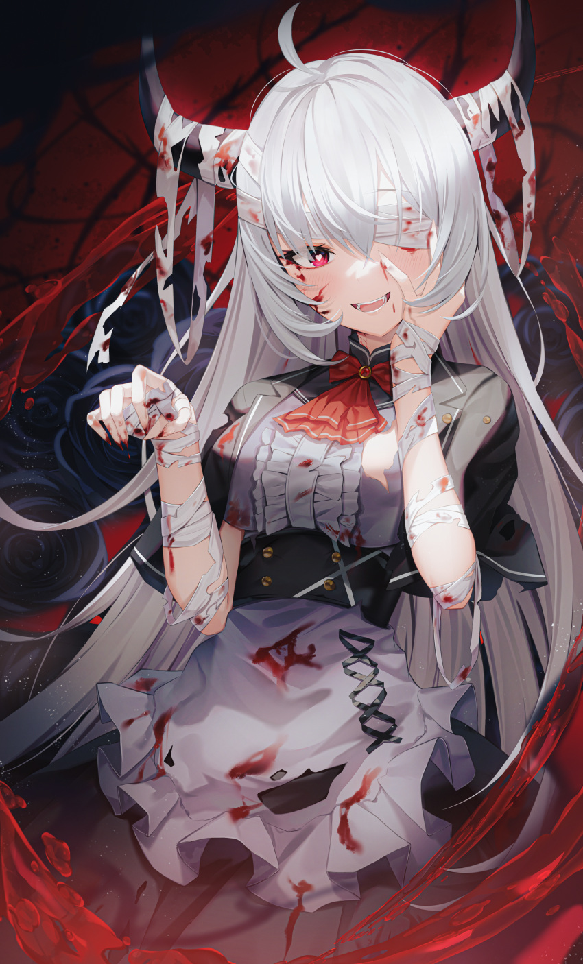 1girl absurdres ahoge apron ascot bandage_over_one_eye bandaged_arm bandaged_horns bandages bangs blood blood_on_bandages blood_on_clothes blood_on_face blood_on_hands blush breasts center_frills commentary corset demon_horns english_commentary frilled_apron frills hair_between_eyes hand_on_own_cheek hand_on_own_face heart heart-shaped_pupils highres horns large_breasts long_hair looking_at_viewer open_mouth original red_ascot red_eyes short_sleeves shuvi_(shuvi1125) silver_hair smile solo standing symbol-shaped_pupils torn_clothes very_long_hair white_apron