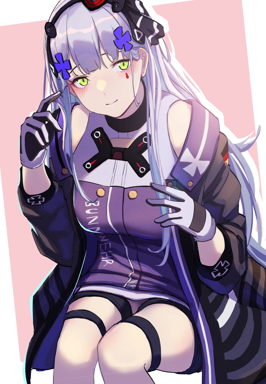 1girl 3_small_spiders absurdres arm_up bangs blush breasts closed_mouth commentary eyebrows_visible_through_hair feet_out_of_frame german_flag girls_frontline gloves green_eyes hair_ornament hair_ribbon hairband hairclip highres hk416_(girls'_frontline) light_blue_hair long_hair looking_at_viewer medium_breasts ribbon simple_background sitting smile solo tactical_clothes teardrop_facial_mark teardrop_tattoo uniform white_gloves