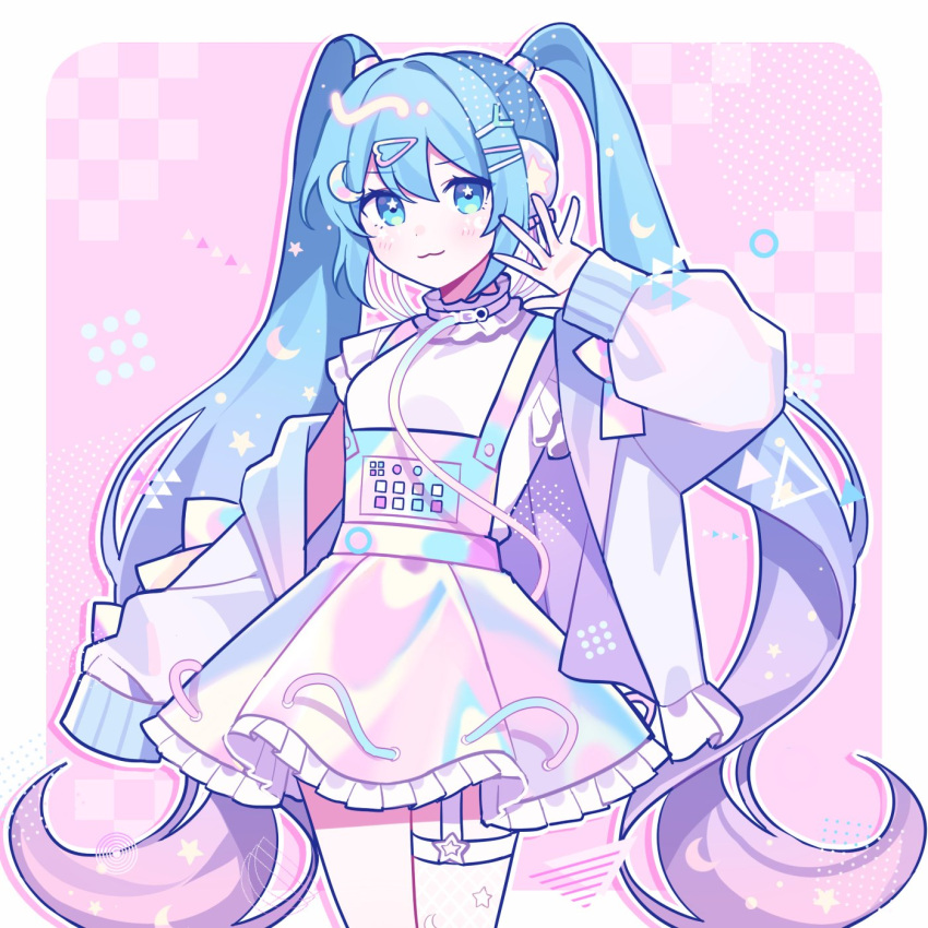 :3 bangs blue_eyes blue_hair blush bow choker closed_mouth commentary crescent crescent_hair_ornament digital_stars food-themed_hair_ornament frilled_jacket frilled_skirt frills hair_ornament hairclip hand_up hatsune_miku highres holographic_clothing iridescent jacket long_hair off_shoulder overall_skirt pink_bow pink_jacket pink_theme sidelocks single_thighhigh skirt sleeve_bow spring_onion_hair_ornament star-shaped_pupils star_(symbol) symbol-shaped_pupils thigh-highs twintails very_long_hair vocaloid waka_(wk4444) white_choker white_legwear