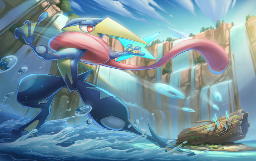 bright_pupils clouds commentary_request day from_below greninja ho-oh_(artist) no_humans outdoors pokemon pokemon_(creature) shuriken sky solo throwing tongue water water_drop weapon white_pupils