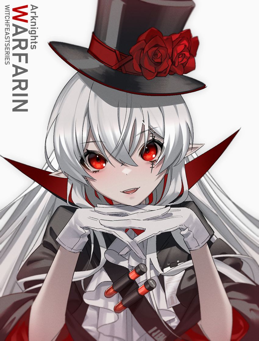15melon 1girl :d arknights bangs black_cape black_headwear cape character_name commentary eyebrows_visible_through_hair flower gloves hair_between_eyes hands_up hat hat_flower highres long_hair looking_at_viewer open_mouth pointy_ears red_eyes red_flower red_rose rose scar scar_on_face silver_hair simple_background smile solo stitches top_hat upper_body warfarin_(arknights) warfarin_(the_feast)_(arknights) white_gloves