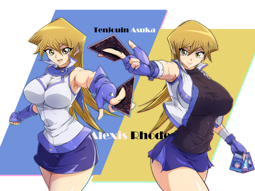 1girl absurdres arashi_asuka bangs bare_shoulders blonde_hair blue_skirt card character_name closed_mouth commentary_request covered_nipples cropped_jacket duel_academy_uniform_(yu-gi-oh!_gx) fingernails gloves highres holding jacket lips long_hair looking_at_viewer miniskirt open_clothes open_mouth shiny shiny_hair shiny_skin simple_background skirt sleeveless tenjouin_asuka thighs yellow_eyes yu-gi-oh! yu-gi-oh!_arc-v yu-gi-oh!_gx