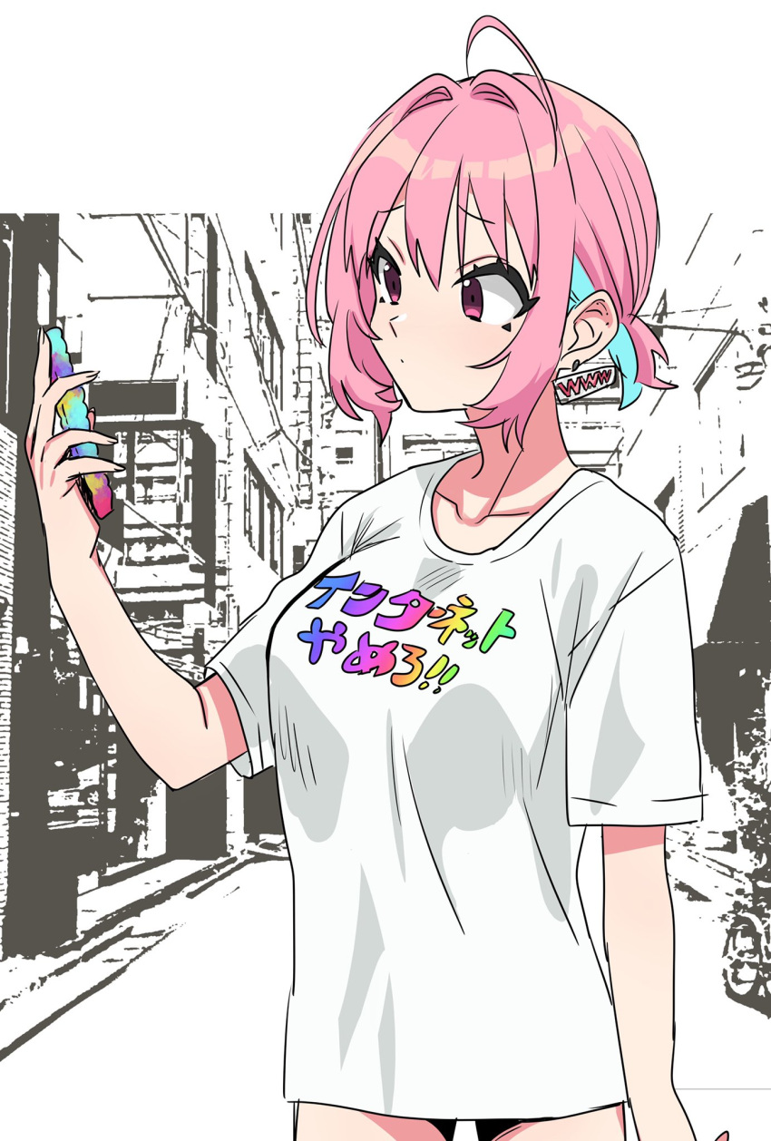 1girl ahoge alternate_hairstyle bangs blue_hair breasts closed_mouth clothes_writing collarbone earrings eyebrows_visible_through_hair hair_intakes hand_up highres holding holding_phone idolmaster idolmaster_cinderella_girls jewelry looking_at_phone monochrome_background multicolored_hair phone pink_hair saito_katuo shiny shiny_hair shirt short_sleeves smartphone_case solo thighs translated white_shirt yumemi_riamu