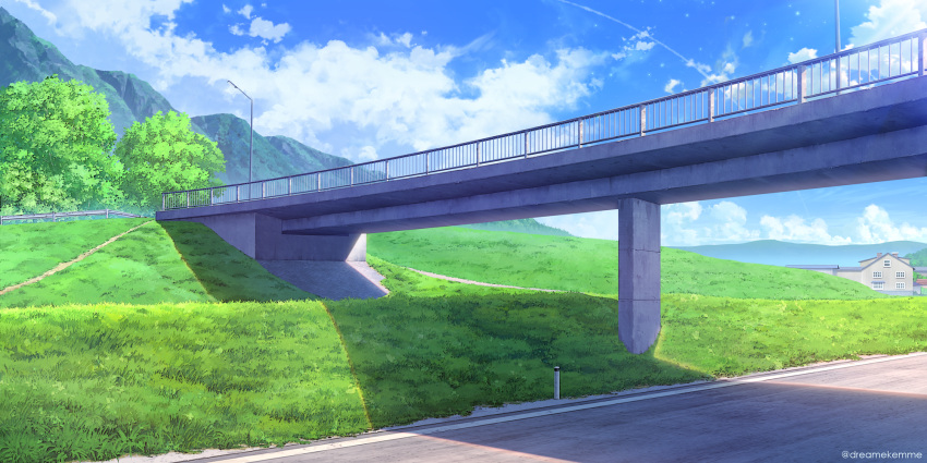 artist_name blue_sky bridge building clouds cloudy_sky commentary_request fence grass guard_rail highres kemme_dreame lamppost mountain no_humans original outdoors road scenery shadow sky tree twitter_username watermark