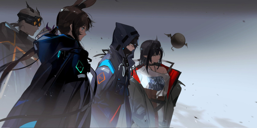 2boys 2girls akai_999 amiya_(arknights) animal_ears arknights black_choker black_coat black_hair blue_coat blue_eyes brown_hair chinese_commentary choker closed_mouth closure_(arknights) coat cowboy_shot doctor_(arknights) dust ear_piercing expressionless from_side goggles gradient gradient_background grey_background grey_coat hair_between_eyes highres hooded_coat horns long_hair male_doctor_(arknights) medium_hair misery_(arknights) multiple_boys multiple_girls night_vision_device off_shoulder open_clothes open_coat piercing pointy_ears ponytail rabbit_ears red_eyes shirt silver_hair smile standing white_shirt