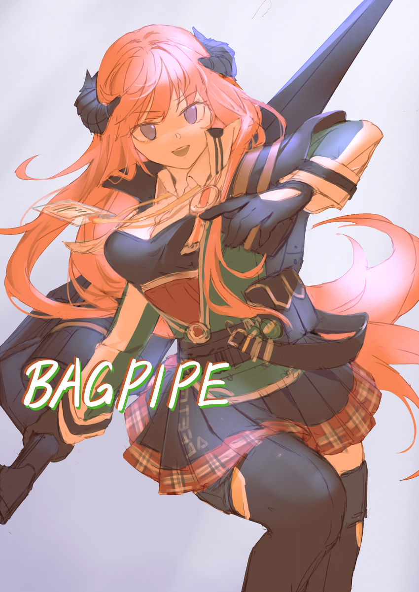1girl :d arknights bagpipe_(arknights) black_gloves black_legwear black_skirt breasts character_name collared_shirt dragon_horns eyebrows_visible_through_hair gloves green_jacket highres holding holding_weapon horns huge_weapon jacket leg_up long_hair long_sleeves looking_at_viewer medium_breasts miniskirt multicolored_clothes multicolored_skirt open_clothes open_jacket open_mouth orange_hair plaid plaid_skirt red_skirt running shirt simple_background skirt smile solo thigh-highs v-shaped_eyebrows very_long_hair violet_eyes wangkoooo weapon white_background white_shirt