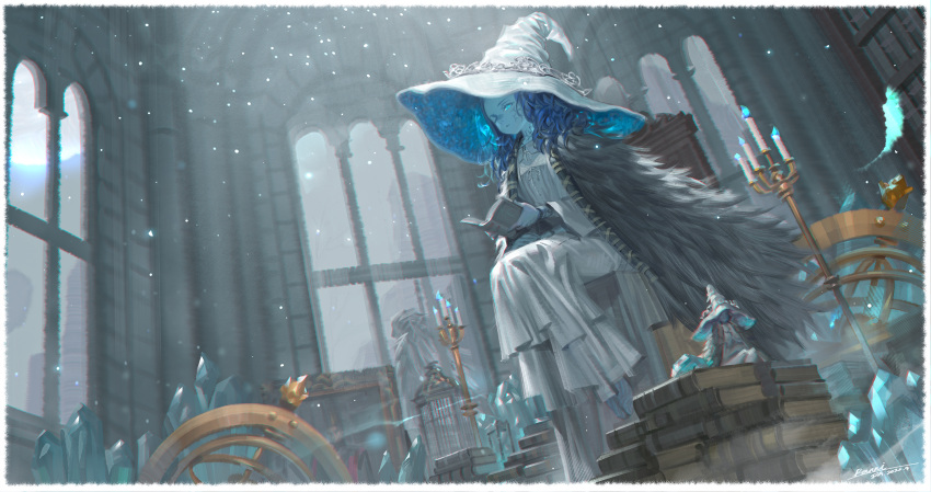 1boy 1girl alphonse_(white_datura) birdcage blaidd_the_half-wolf blue_hair blue_skin book cage candlestand cloak colored_skin crystal dated elden_ring extra_faces fur_cloak hat highres holding holding_book large_hat long_hair miniature_ranni ranni_the_witch reading signature sitting solo_focus witch witch_hat