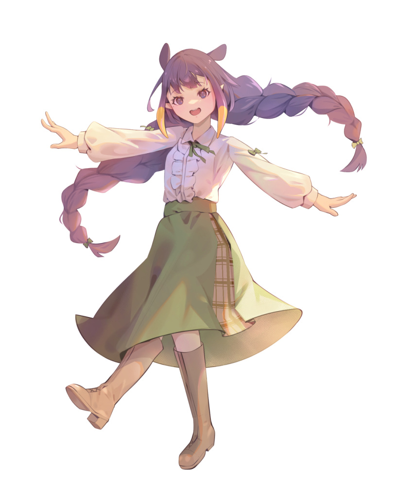 1girl alternate_costume alternate_hairstyle boots braid brown_footwear center_frills check_commentary commentary_request frills full_body green_ribbon green_skirt highres hololive hololive_english knee_boots long_hair long_sleeves meiyan_(boyimachao) ninomae_ina'nis open_mouth outstretched_arms purple_hair ribbon shirt sidelocks simple_background skirt solo twin_braids twintails very_long_hair violet_eyes virtual_youtuber walking white_background white_shirt