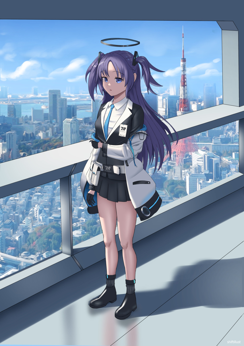 1girl absurdres bangs black_footwear black_gloves black_shirt black_skirt blue_archive blue_bow blue_bowtie blue_eyes blue_sky bow bowtie city cityscape clouds cloudy_sky full_body gloves highres jacket long_hair long_sleeves looking_at_viewer open_mouth polo_shirt purple_hair scenery school_uniform shadow shiftillust shirt skirt sky solo standing twintails white_jacket yuuka_(blue_archive)