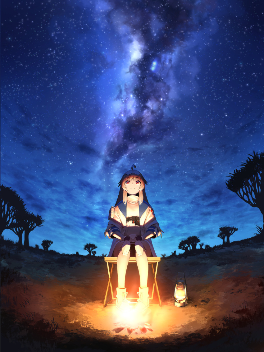 1girl antenna_hair azur_lane baobab black_gloves blonde_hair blue_jacket boots campfire camping camping_chair chair clouds columbia_(across_the_vast_prairies)_(azur_lane) columbia_(azur_lane) eyewear_on_head gloves grass hands_on_own_thighs highres jacket lantern long_hair looking_up milky_way night night_sky official_alternate_costume outdoors red_eyes savannah shirt sitting sky smile solo star_(sky) starry_sky sunglasses white_footwear white_shirt yohia