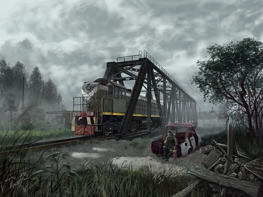1boy 1girl bridge car chernobyl child clouds cloudy_sky commentary_request estrella_(uypu4574) fog goggles goggles_on_headwear grass ground_vehicle helmet highres locomotive looking_to_the_side motor_vehicle original railroad_tracks scenery shovel sitting sky soldier train tree wreckage