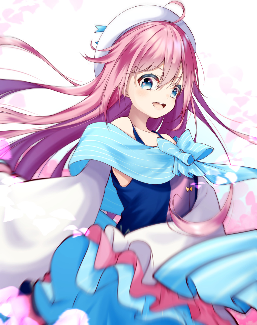 1girl absurdres blue_eyes blue_ribbon flower highres long_hair looking_at_viewer mizugame_mia open_mouth pink_hair rascala39 re:act ribbon shirt shrims simple_background skirt smile solo standing straight_hair virtual_youtuber