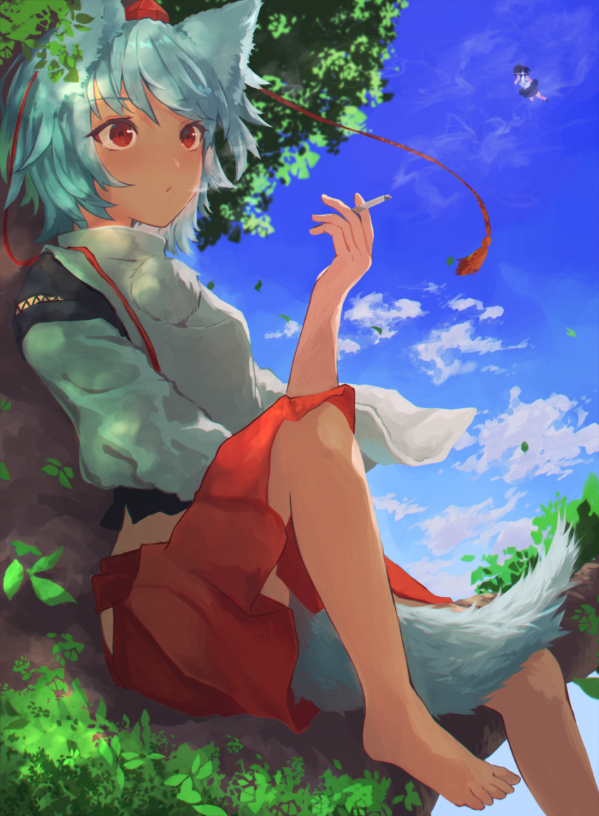 2girls animal_ears bangs barefoot black_skirt cigarette clouds commentary_request day eyebrows_visible_through_hair hat highres holding holding_cigarette in_tree inubashiri_momiji japanese_clothes multiple_girls outdoors parted_lips red_eyes red_skirt shameimaru_aya sitting sitting_in_tree skirt sky smoking tail taking_picture tokin_hat touhou tree white_hair wide_sleeves wolf_ears wolf_tail yamabuki_(laysis_yama)