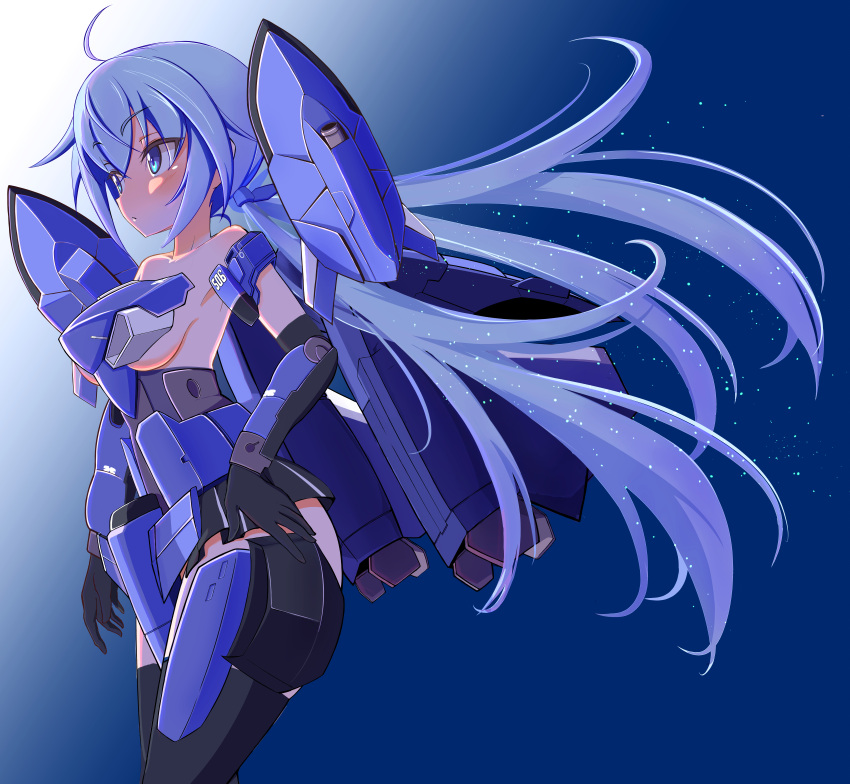 1girl absurdres black_gloves black_skirt blue_background blue_eyes blue_hair blush breasts commentary elbow_gloves eyebrows_visible_through_hair frame_arms_girl gloves hand_on_hip haruwo0096 highres long_hair looking_ahead low_twintails mecha_musume medium_breasts sideboob skirt solo stylet thrusters twintails very_long_hair