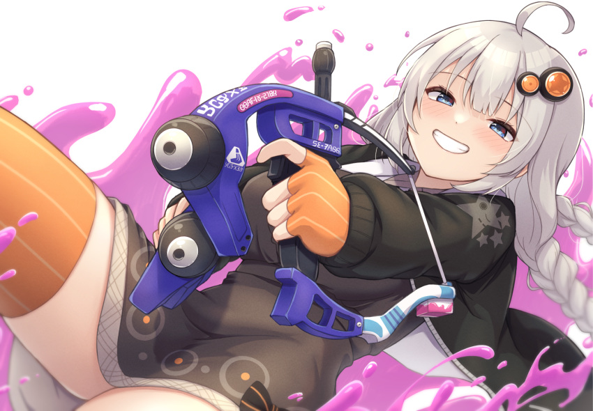 1girl :d ahoge b.c bangs black_dress black_jacket blue_eyes blunt_bangs blush braid breasts dapple_dualies_(splatoon) dress dual_wielding eyebrows_visible_through_hair fingerless_gloves from_below gloves grin hair_ornament holding jacket kizuna_akari large_breasts long_hair long_sleeves open_clothes open_jacket orange_gloves orange_legwear paint paint_gun parted_lips silver_hair smile solo splatoon_(series) splatoon_2 striped striped_legwear teeth thigh-highs twin_braids vertical-striped_legwear vertical_stripes very_long_hair vocaloid voiceroid zettai_ryouiki