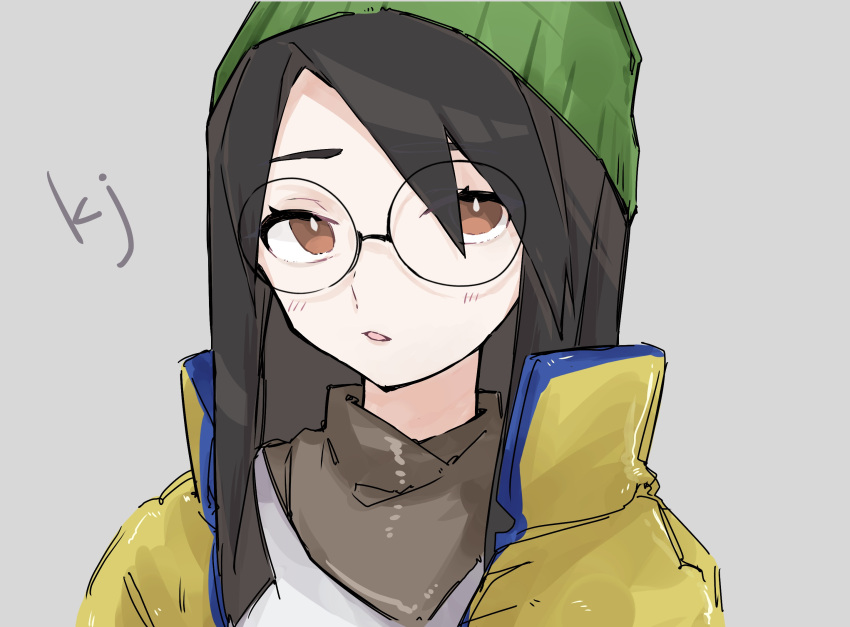 1girl animification bangs beanie black_hair brown_eyes brown_hair brown_scarf eyebrows_behind_hair grey_background hat highres jacket killjoy_(valorant) looking_to_the_side open_mouth portrait rou_(rou_9203) round_eyewear scarf sketch solo valorant yellow_jacket