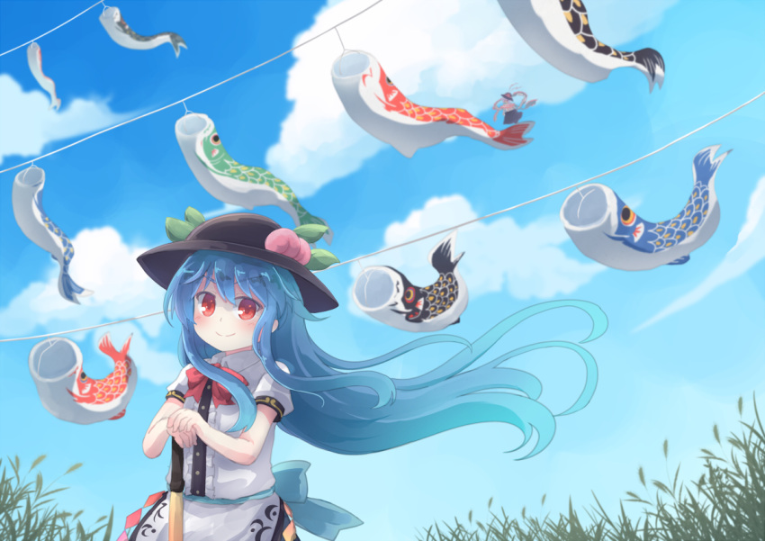 1girl back_bow black_headwear blue_bow blue_hair bow center_frills day fish floating_hair flying_fish frills hat hinanawi_tenshi holding holding_sword holding_weapon kibisake koi long_hair outdoors peach_hat_ornament puffy_short_sleeves puffy_sleeves red_eyes shirt short_sleeves sun_hat sword sword_of_hisou touhou weapon white_shirt