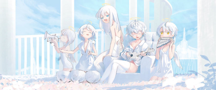 5girls angel angel_wings armchair bare_shoulders blue_eyes breasts chair closed_eyes collared_shirt dress drum feathered_wings flower full_body halo highres instrument instrument_request kaede_(shijie_heping) long_hair multiple_girls music off_shoulder open_mouth original outdoors pillar playing_instrument shirt short_hair singing sitting sketch sleeveless sleeveless_dress small_breasts smile timpani trumpet ukulele unfinished white_dress white_hair white_shirt wings yellow_eyes