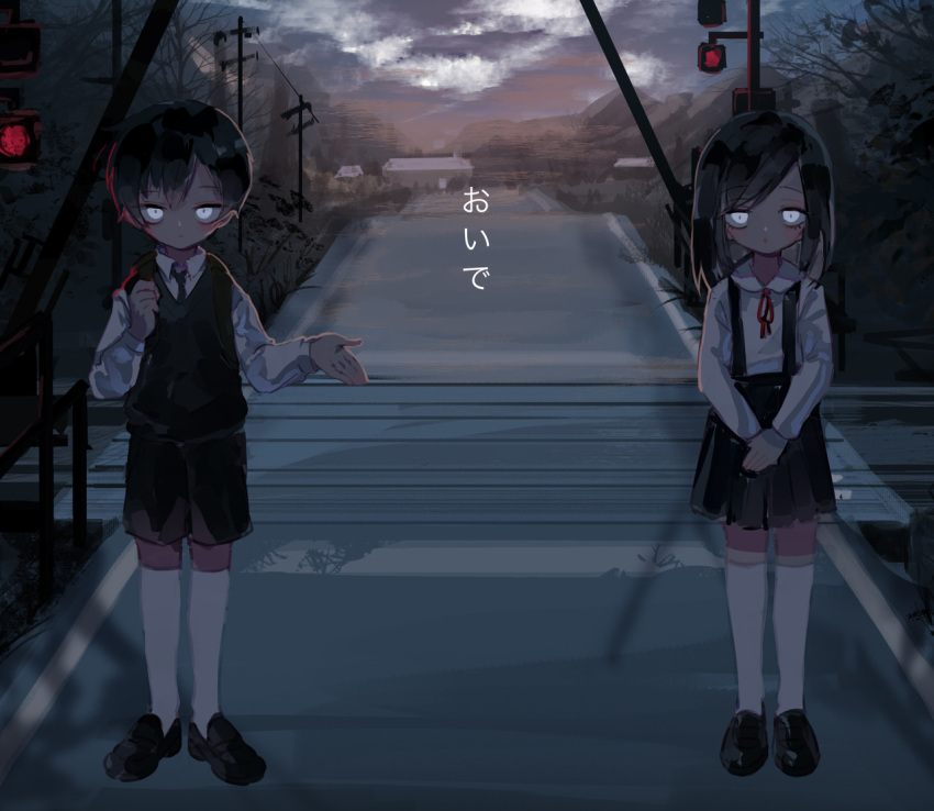 1boy 1girl black_hair close-up constricted_pupils dark glowing glowing_eyes horror_(theme) hyde_(hai-do) japanese_tit kneehighs loafers long_sleeves original outstretched_hand peter_pan_collar railroad_tracks shoes short_hair siblings