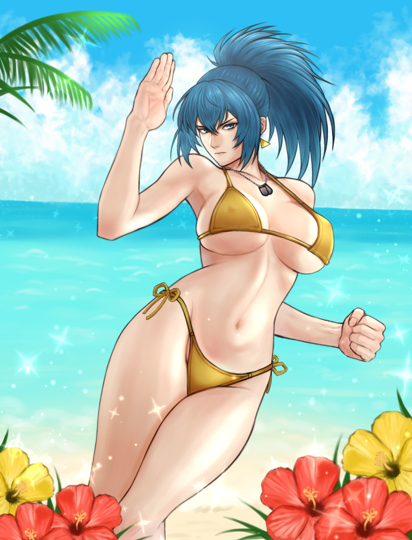 1girl beach bikini blue_eyes blue_hair breasts clenched_hand dog_tags earrings flower highres jewelry large_breasts leona_heidern midriff navel ocean palm_tree ponytail sky solo swimsuit the_king_of_fighters tree triangle_earrings yellow_bikini yukimune