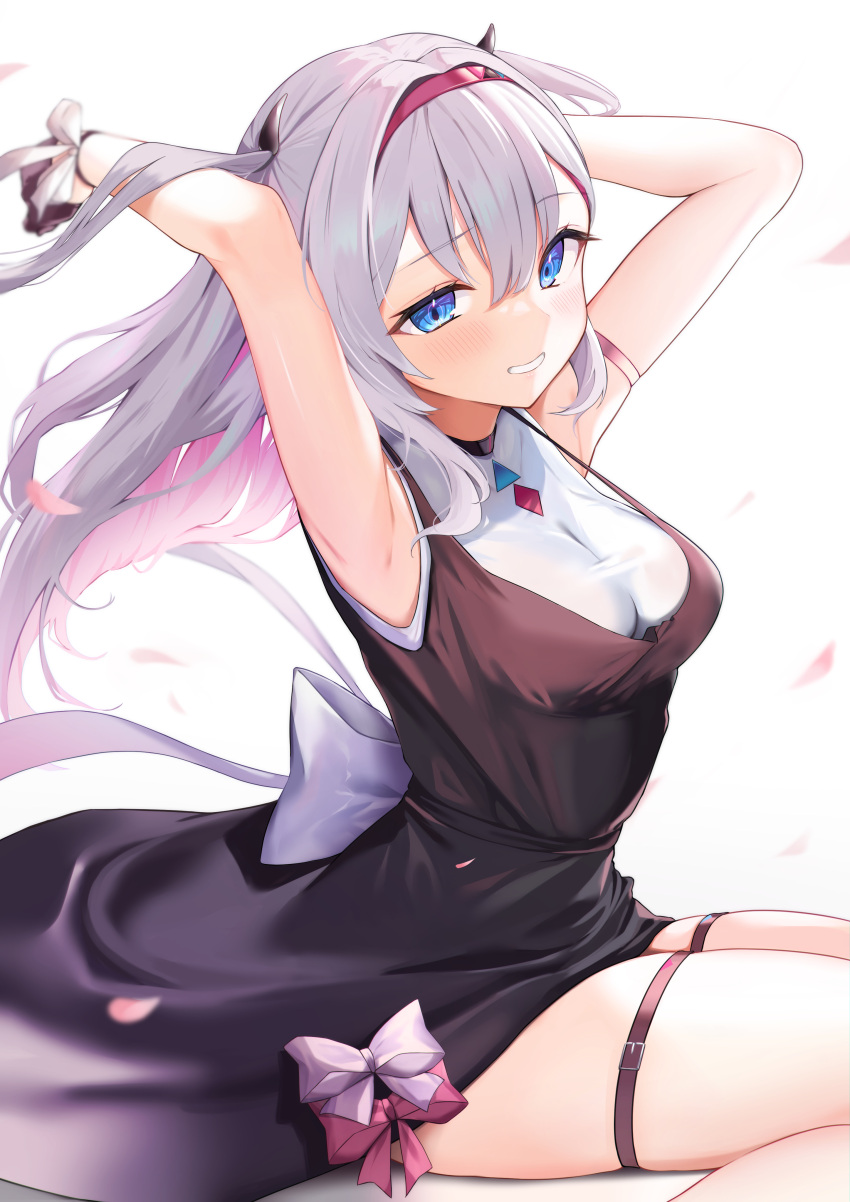 1girl absurdres armpits arms_up avatar_2.0_project bangs bare_shoulders black_dress black_gloves blue_eyes dress equal_(heartstrings) eyebrows_visible_through_hair gloves hair_intakes hairband highres multicolored_hair musubime_yui pink_hair silver_hair skindentation sleeveless sleeveless_dress smile thigh_strap twintails two-tone_hair virtual_youtuber