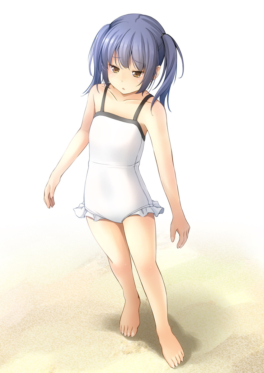 1girl bangs bare_arms bare_legs bare_shoulders barefoot blue_hair brown_eyes casual_one-piece_swimsuit collarbone commentary_request eyebrows_visible_through_hair frilled_swimsuit frills highres one-piece_swimsuit original sand shibacha solo standing swimsuit twintails white_background white_swimsuit