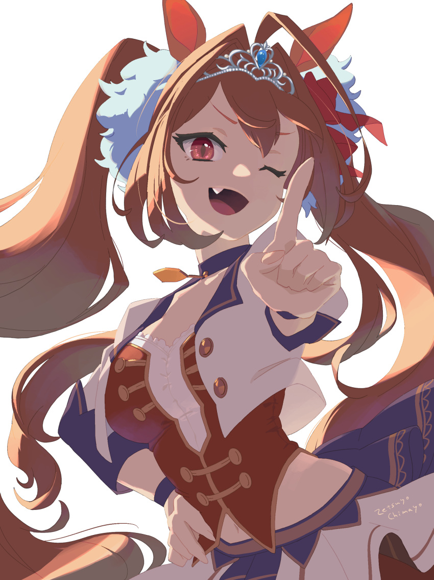 1girl absurdres ahoge artist_name backlighting bangs breasts brown_hair choker commentary_request common_race_outfit_(umamusume) cropped_jacket daiwa_scarlet_(umamusume) fang hair_intakes hand_on_hip highres horse_girl index_finger_raised long_hair long_sleeves looking_at_viewer medium_breasts navel one_eye_closed open_mouth red_eyes shirt simple_background skirt smile solo tiara twintails umamusume upper_body vest white_background white_shirt wristband zetsuyo_chimayo