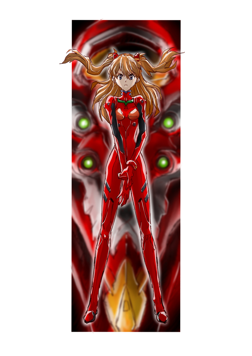 1girl bangs blue_eyes bodysuit breasts brown_hair eva_02 extra_eyes floating_hair gloves green_eyes highres long_hair looking_at_viewer mecha neon_genesis_evangelion pilot_suit plugsuit red_bodysuit red_gloves science_fiction sketch small_breasts solo souryuu_asuka_langley taiga_hiroyuki two_side_up v-shaped_eyebrows