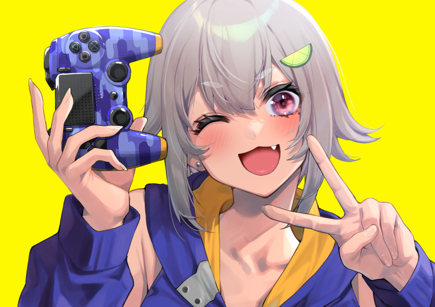 1girl ;d bangs blush controller earrings eyebrows_visible_through_hair fang food-themed_hair_ornament game_controller grey_hair hair_ornament hayama_marin highres holding holding_controller holding_game_controller hood hoodie jewelry lime_hair_ornament looking_at_viewer mikan_(chipstar182) nijisanji one_eye_closed purple_hoodie red_eyes short_hair simple_background smile solo thick_eyebrows upper_body v virtual_youtuber yellow_background