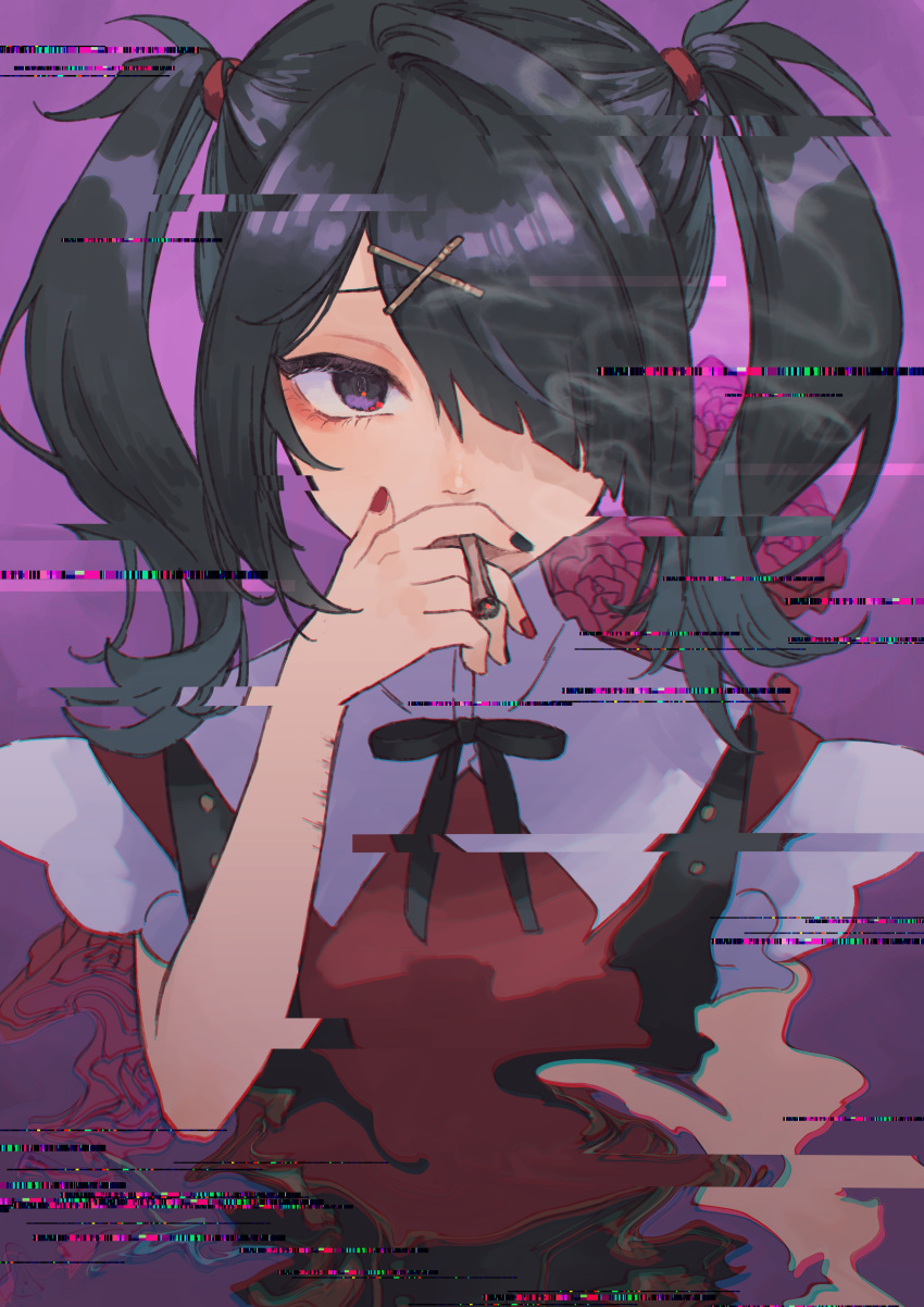 1girl absurdres ame-chan_(needy_girl_overdose) bangs black_hair black_nails cigarette flower genshin_impact glitch hair_between_eyes hair_ornament hair_over_one_eye highres holding long_hair looking_at_viewer makeup nail_polish needy_girl_overdose red_flower red_nails red_rose rose short_sleeves simple_background smoking solo twintails upper_body violet_eyes x_hair_ornament yamabuki_(laysis_yama)