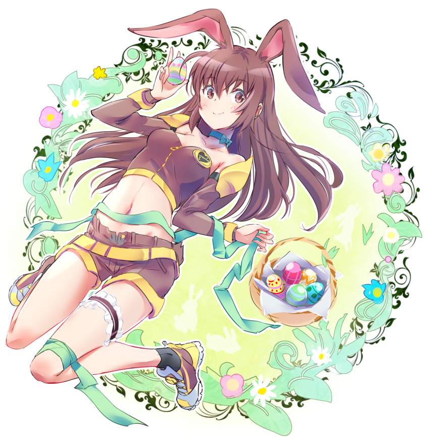 1girl animal_ears bangs basket blush bow_choker breasts brown_eyes brown_hair brown_shirt brown_shorts choker closed_mouth detached_sleeves easter easter_egg egg eyebrows_visible_through_hair flower full_body hand_up highres holding holding_egg iesupa leg_garter leg_ribbon legs long_hair looking_at_viewer medium_breasts navel rabbit_ears rabbit_girl rabbit_tail ribbon rwby shirt shoes shorts smile solo stomach symbol-only_commentary tail thighs velvet_scarlatina wreath yellow_belt