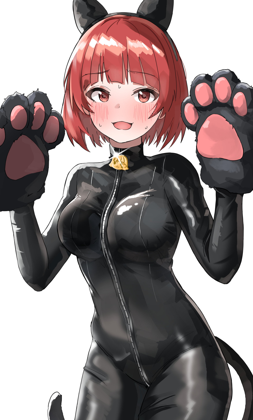 1girl :o absurdres alternate_costume animal_ears animal_hands bangs black_bodysuit black_hairband blunt_bangs blush bodysuit breasts cat_ears cat_paws cowboy_shot eyebrows_visible_through_hair fake_animal_ears glint gloves hairband highres idolmaster idolmaster_million_live! looking_at_viewer medium_breasts nonohara_akane paw_gloves pdal_(pdalhhh) red_eyes redhead short_hair simple_background skin_tight solo sweat white_background zipper zipper_pull_tab