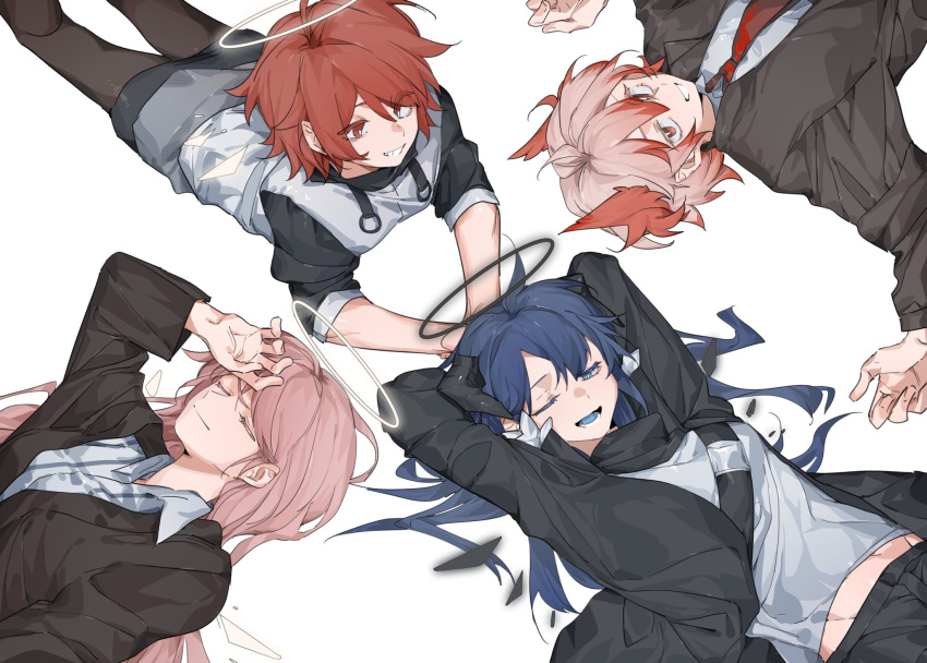 4girls :d arknights arm_up arms_behind_head arms_up black_jacket black_legwear black_skirt blue_eyes blue_hair closed_eyes closed_mouth collared_shirt detached_wings energy_wings exusiai_(arknights) fiammetta_(arknights) grey_jacket grey_shirt hair_between_eyes halo hand_on_forehead highres horns jacket lemuen_(arknights) long_hair lying miniskirt molu_stranger mostima_(arknights) multicolored_hair multiple_girls necktie on_back on_stomach one_eye_closed open_clothes open_jacket pantyhose parted_lips pink_hair red_eyes red_necktie redhead shirt short_hair short_sleeves skirt smile striped striped_shirt two-tone_hair vertical-striped_shirt vertical_stripes wings