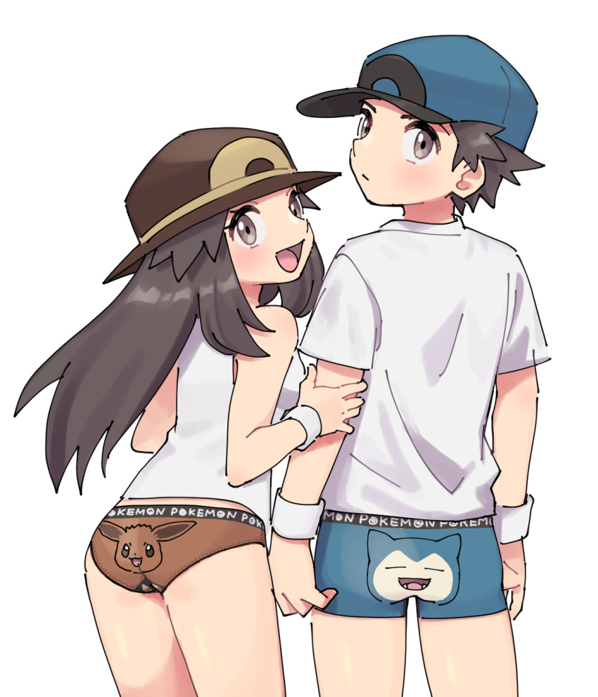1boy 1girl alternate_costume baseball_cap blue_headwear blue_male_underwear blush boxer_briefs breasts brown_eyes brown_hair brown_headwear brown_panties character_print closed_mouth clothes_writing commentary_request copyright_name cowboy_shot eevee from_behind hand_up happy hat highres holding_another's_arm leaf_(pokemon) leaning_forward long_hair looking_at_viewer looking_back male_underwear open_mouth panties partial_commentary pokemon pokemon_(game) pokemon_frlg pumpkinpan red_(pokemon) shiny shiny_hair shirt short_hair short_sleeves sidelocks simple_background sleeveless sleeveless_shirt small_breasts smile snorlax spiky_hair standing sweatband underwear white_background white_shirt