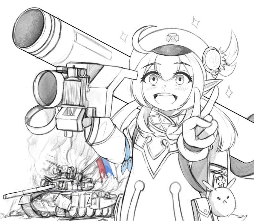 1girl ahoge bangs cabbie_hat commentary_request eyebrows_visible_through_hair fire genshin_impact ground_vehicle hair_between_eyes hat highres holding holding_rocket_launcher holding_weapon kkgusxo klee_(genshin_impact) long_hair long_sleeves looking_at_viewer low_twintails military military_vehicle motor_vehicle open_mouth partially_colored pointy_ears rocket_launcher russian_flag sidelocks sketch solo star_(symbol) tank teeth twintails upper_body upper_teeth v weapon z_(russian_symbol)