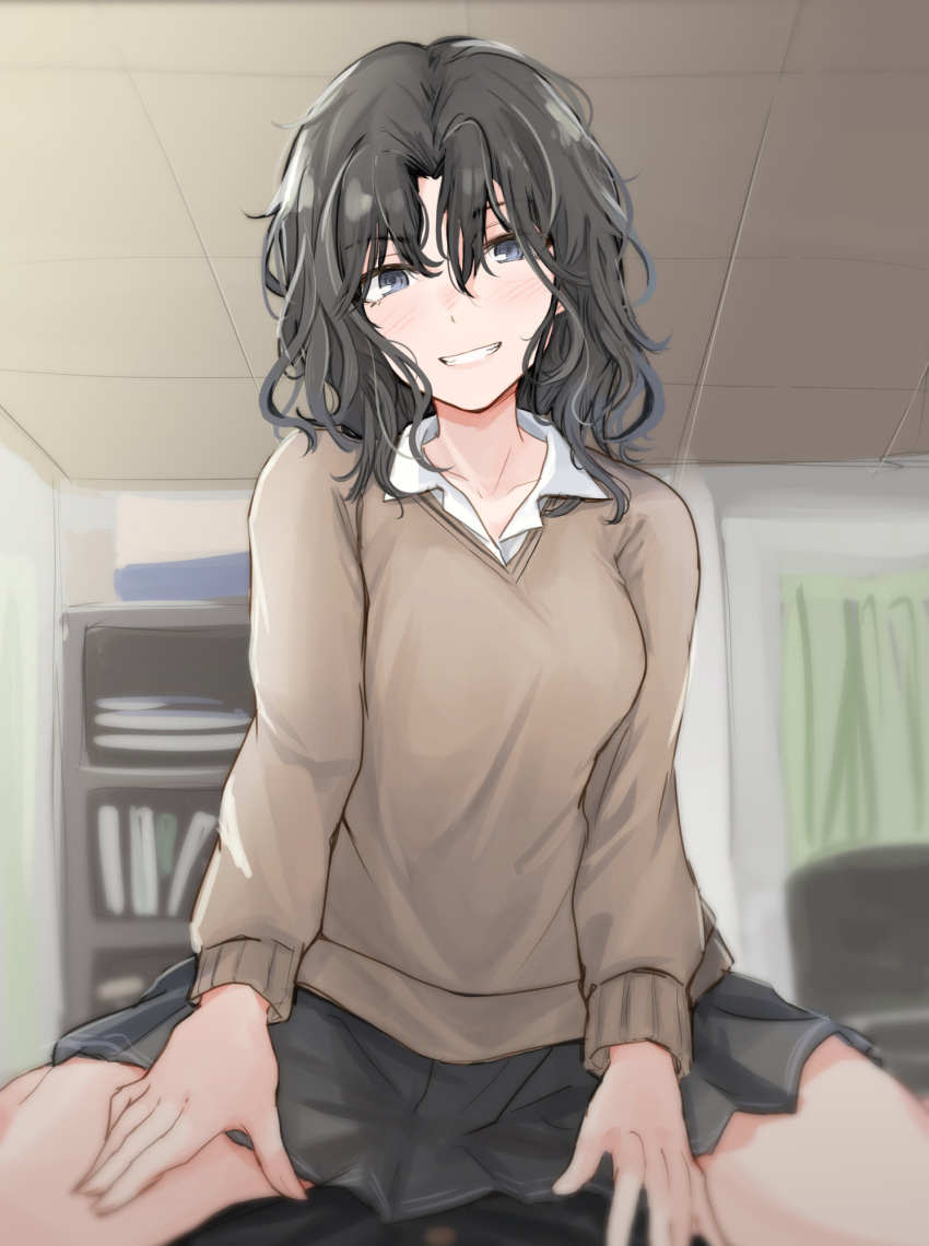 1boy 1girl :d amagami bangs black_eyes black_hair black_skirt blush breasts brown_sweater commentary_request cowgirl_position eyebrows_visible_through_hair girl_on_top hair_between_eyes hetero highres indoors long_hair long_sleeves looking_at_viewer medium_breasts miniskirt parted_lips pov skirt smile solo_focus spread_legs straddling sweater tanamachi_kaoru unu_(unucence)