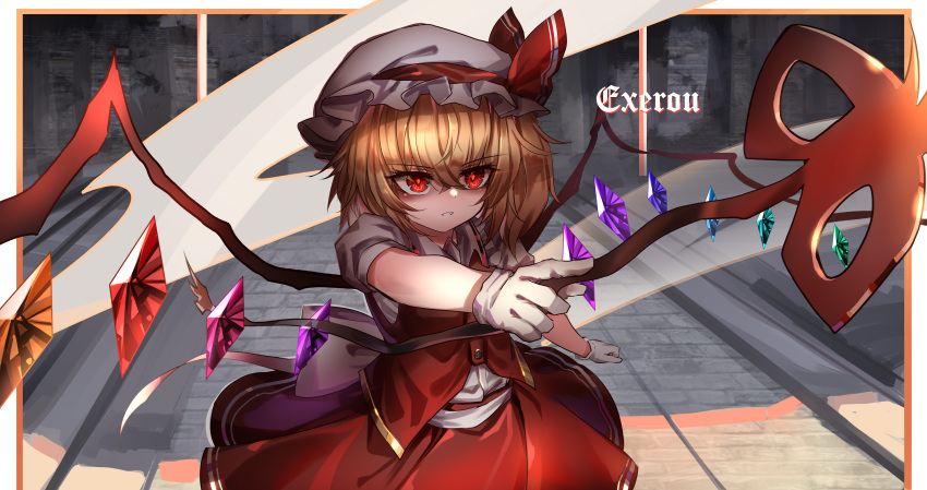 1girl absurdres ascot bangs blonde_hair border cowboy_shot crystal eyebrows_visible_through_hair flandre_scarlet foreshortening hair_between_eyes hat hat_ribbon highres holding holding_weapon laevatein_(touhou) mob_cap one_side_up outside_border perspective puffy_short_sleeves puffy_sleeves red_eyes red_ribbon red_skirt red_vest ribbon shirt short_sleeves skirt skirt_set solo top-exerou touhou vest weapon white_border white_headwear white_shirt wings